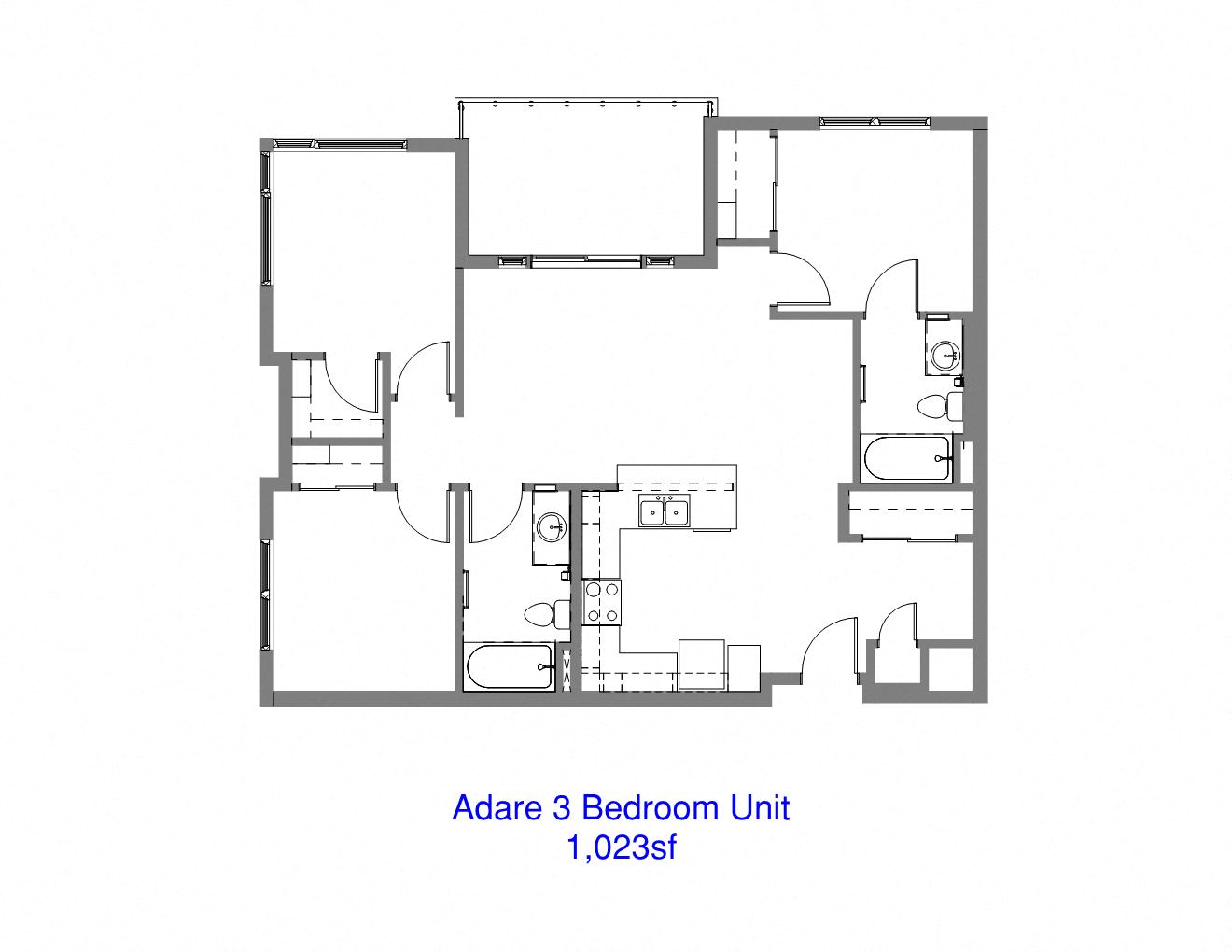 Floor plan for 3 beds, 2 baths, 1023 sqft
